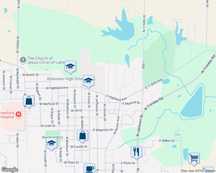 map of restaurants, bars, coffee shops, grocery stores, and more near 1400 North Lincoln Street in Robinson