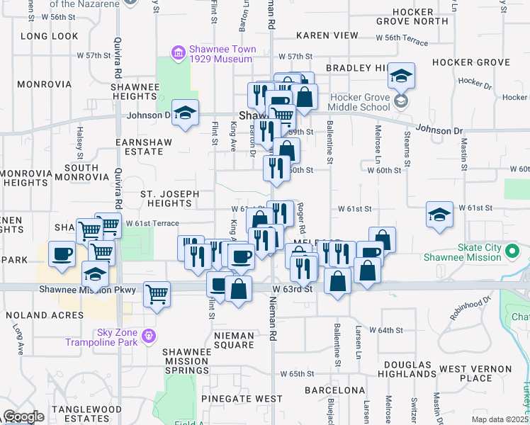 map of restaurants, bars, coffee shops, grocery stores, and more near 6115 Nieman Road in Shawnee