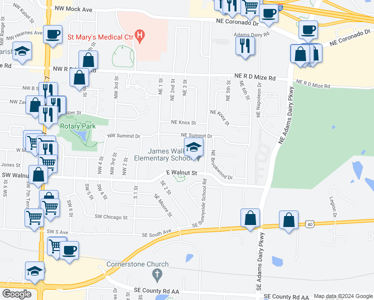 map of restaurants, bars, coffee shops, grocery stores, and more near 408 Northeast Lakeview Drive in Blue Springs
