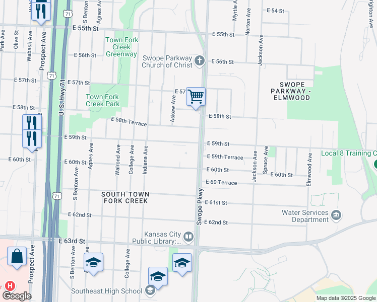 map of restaurants, bars, coffee shops, grocery stores, and more near 5900 Swope Parkway in Kansas City