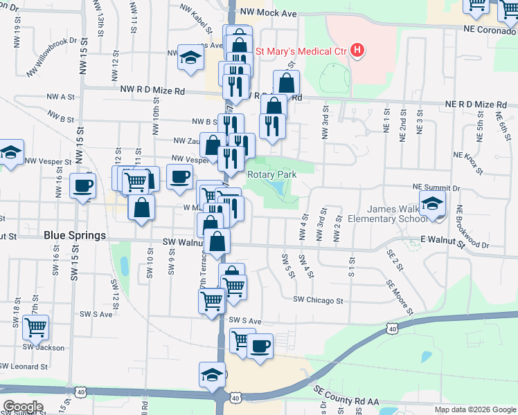 map of restaurants, bars, coffee shops, grocery stores, and more near 601 Northwest Lakeview Road in Blue Springs
