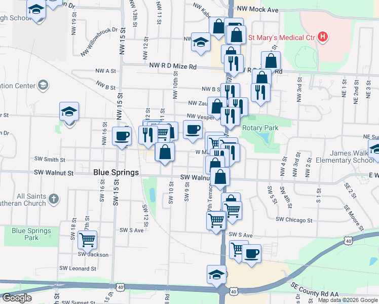 map of restaurants, bars, coffee shops, grocery stores, and more near 809 West Main Street in Blue Springs