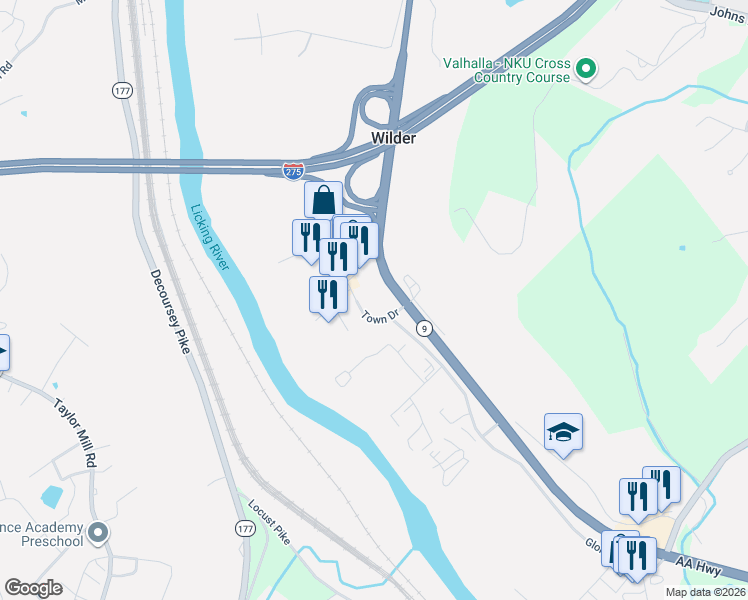 map of restaurants, bars, coffee shops, grocery stores, and more near 1125 Town Drive in Wilder