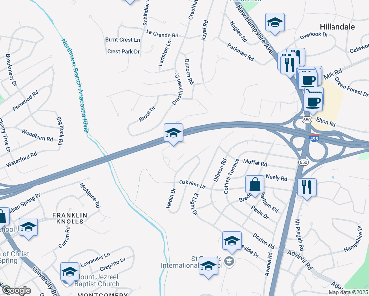 map of restaurants, bars, coffee shops, grocery stores, and more near 1100 Corliss Street in Silver Spring