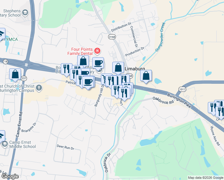 map of restaurants, bars, coffee shops, grocery stores, and more near 1739 Patrick Drive in Burlington