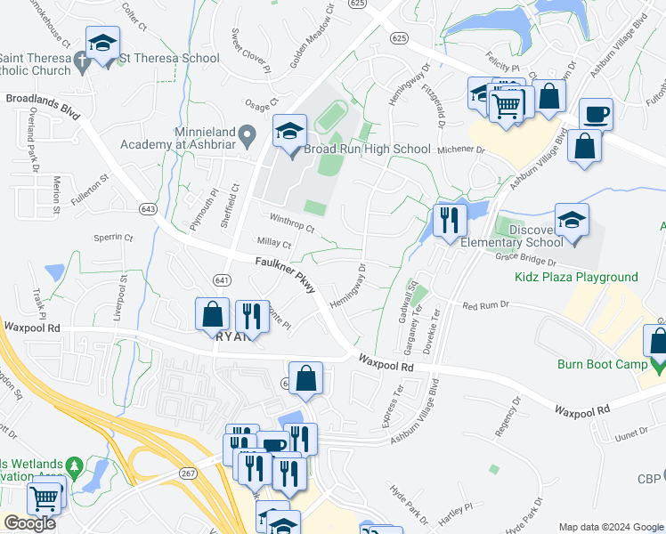 map of restaurants, bars, coffee shops, grocery stores, and more near 43691 Frost Court in Ashburn
