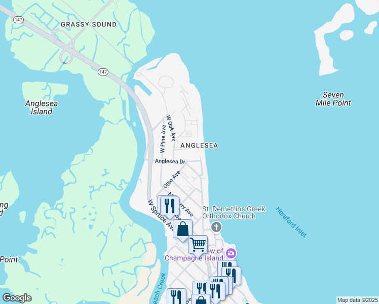 map of restaurants, bars, coffee shops, grocery stores, and more near 103 Seaview Court in North Wildwood