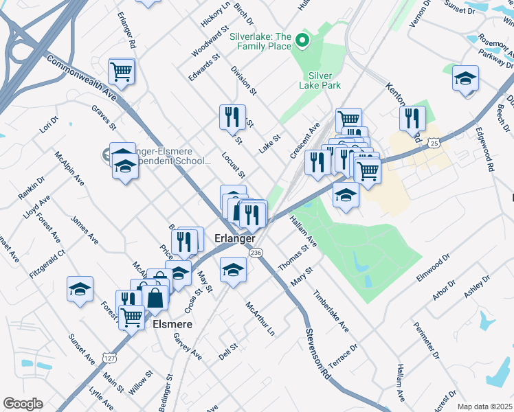 map of restaurants, bars, coffee shops, grocery stores, and more near 20 Erlanger Road in Erlanger