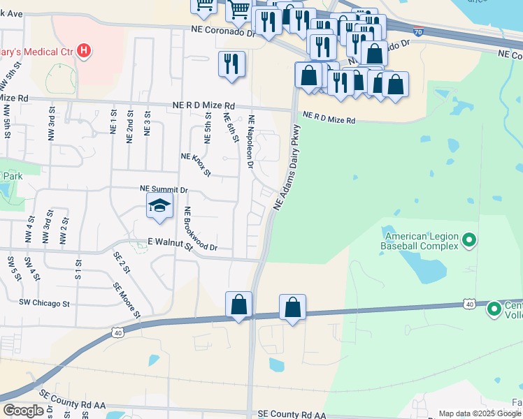 map of restaurants, bars, coffee shops, grocery stores, and more near 331 Northeast Adams Dairy Parkway in Blue Springs