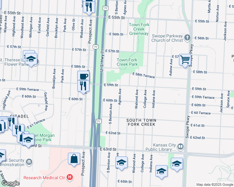 map of restaurants, bars, coffee shops, grocery stores, and more near 5931 Agnes Avenue in Kansas City