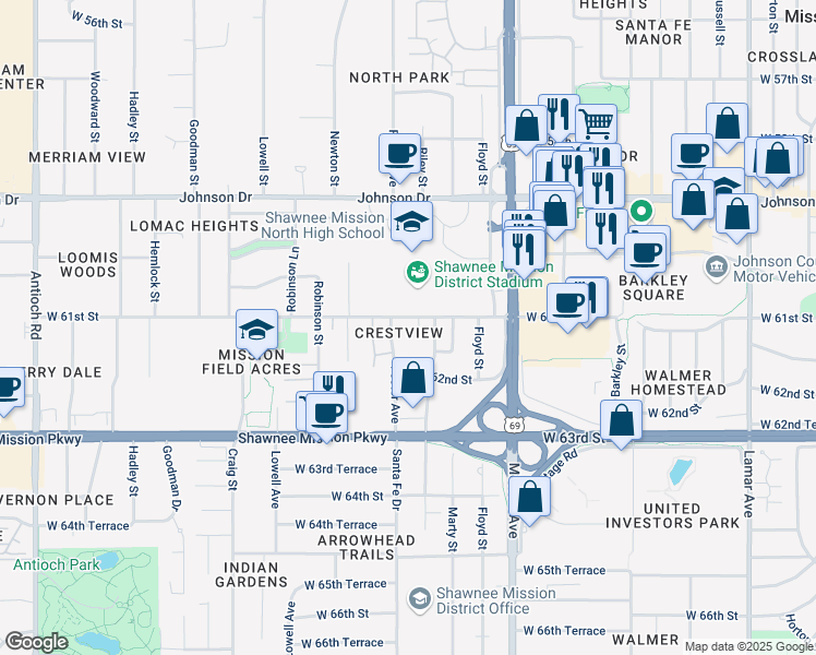 map of restaurants, bars, coffee shops, grocery stores, and more near 6109 Foster Street in Overland Park