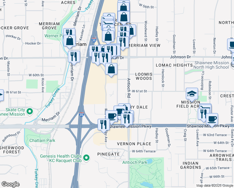 map of restaurants, bars, coffee shops, grocery stores, and more near 6040 Slater Street in Merriam