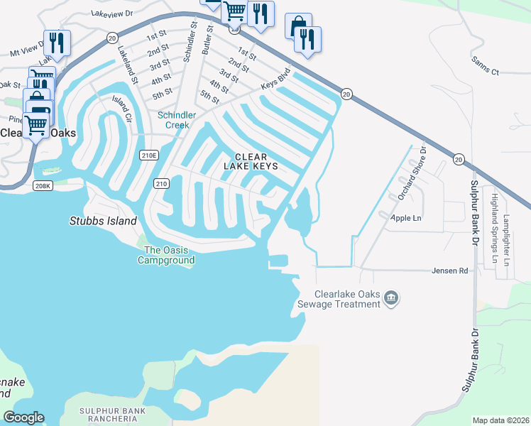 map of restaurants, bars, coffee shops, grocery stores, and more near 704 Ketch Court in Clearlake Oaks