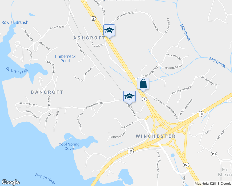 map of restaurants, bars, coffee shops, grocery stores, and more near 1601 Waters Ridge Court in Annapolis