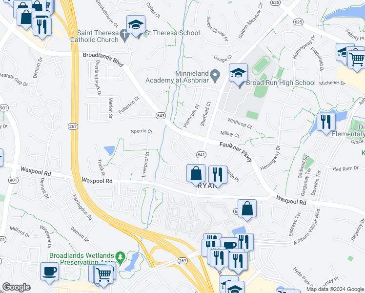 map of restaurants, bars, coffee shops, grocery stores, and more near 21628 Monmouth Terrace in Ashburn