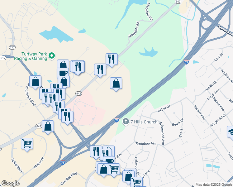 map of restaurants, bars, coffee shops, grocery stores, and more near 4874 Houston Road in Florence
