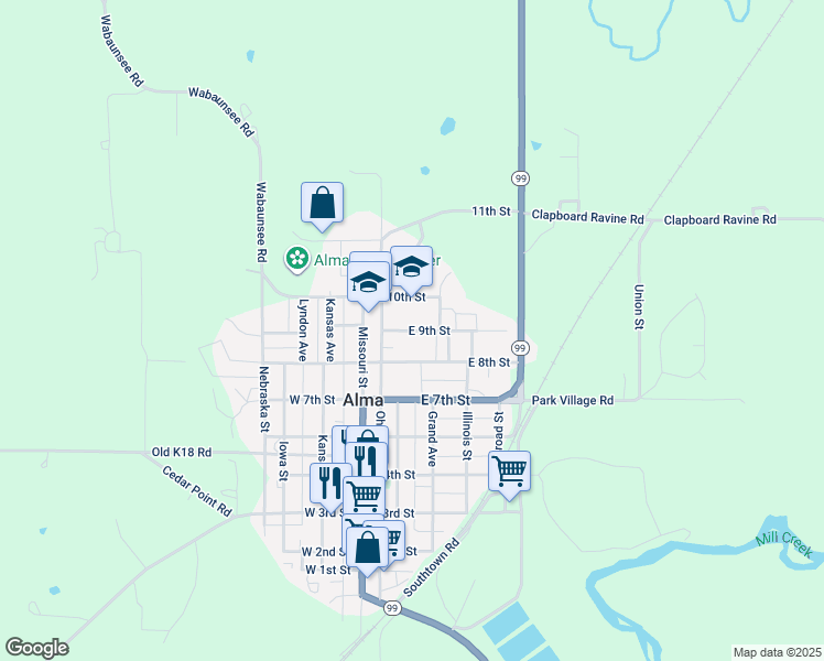 map of restaurants, bars, coffee shops, grocery stores, and more near 215 East 9th Street in Alma