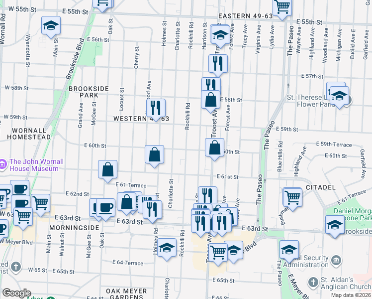map of restaurants, bars, coffee shops, grocery stores, and more near Rockhill Road & East 60th Street in Kansas City
