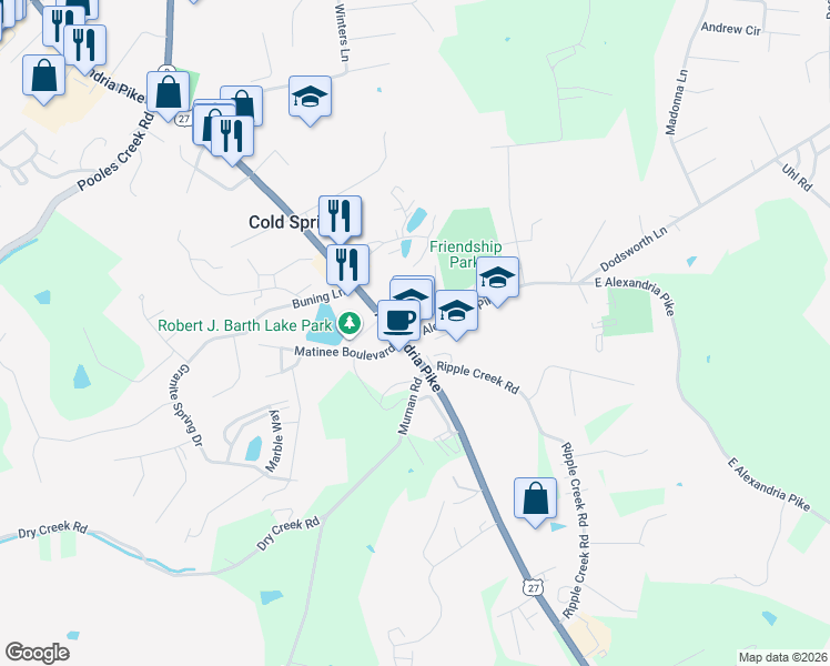 map of restaurants, bars, coffee shops, grocery stores, and more near 10 East Alexandria Pike in Cold Spring