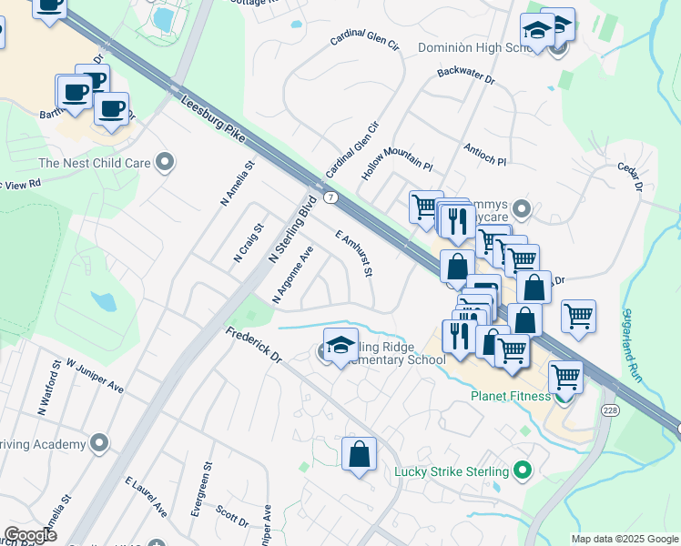 map of restaurants, bars, coffee shops, grocery stores, and more near 305 East Brunswick Street in Sterling