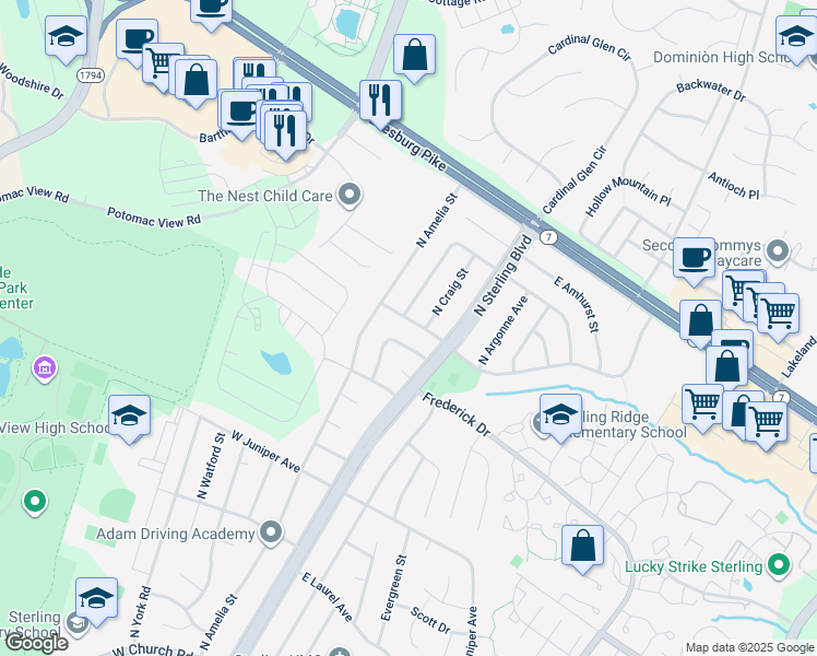 map of restaurants, bars, coffee shops, grocery stores, and more near 203 West Charlotte Street in Sterling