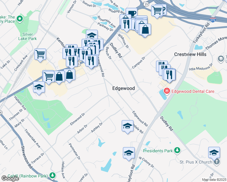 map of restaurants, bars, coffee shops, grocery stores, and more near 18 Lyndale Road in Edgewood
