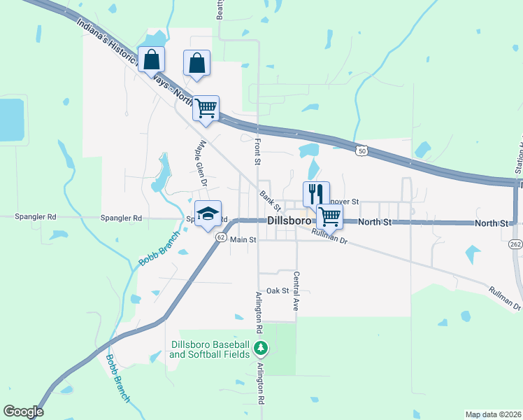 map of restaurants, bars, coffee shops, grocery stores, and more near 12977 North Street in Dillsboro