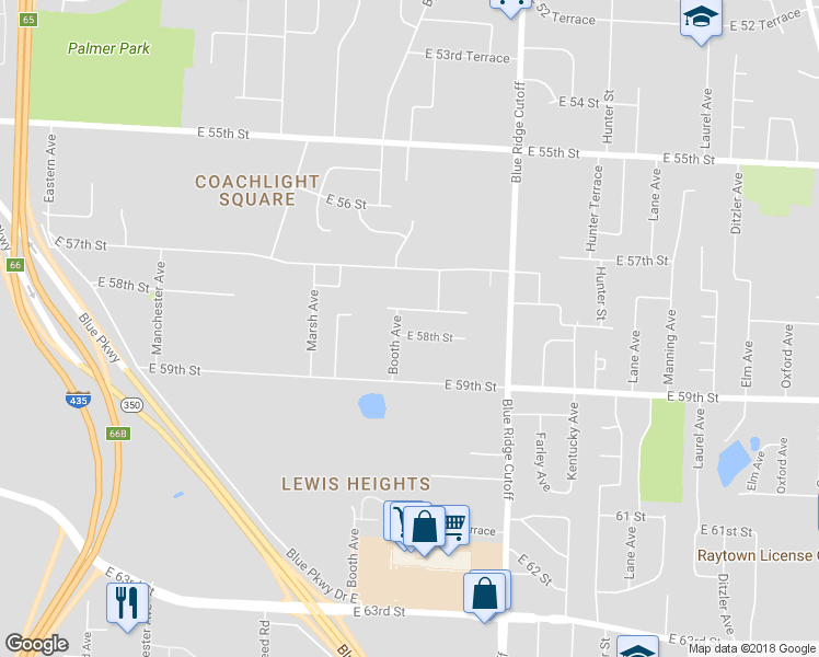 map of restaurants, bars, coffee shops, grocery stores, and more near 8625 East 58th Street in Kansas City