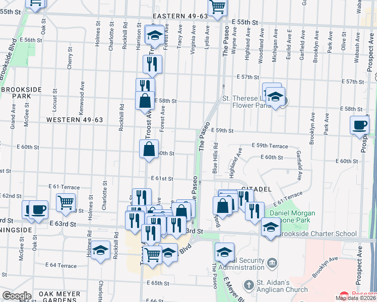 map of restaurants, bars, coffee shops, grocery stores, and more near 6000 The Paseo in Kansas City