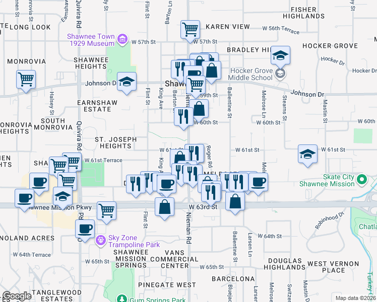 map of restaurants, bars, coffee shops, grocery stores, and more near 6115 Nieman Road in Shawnee