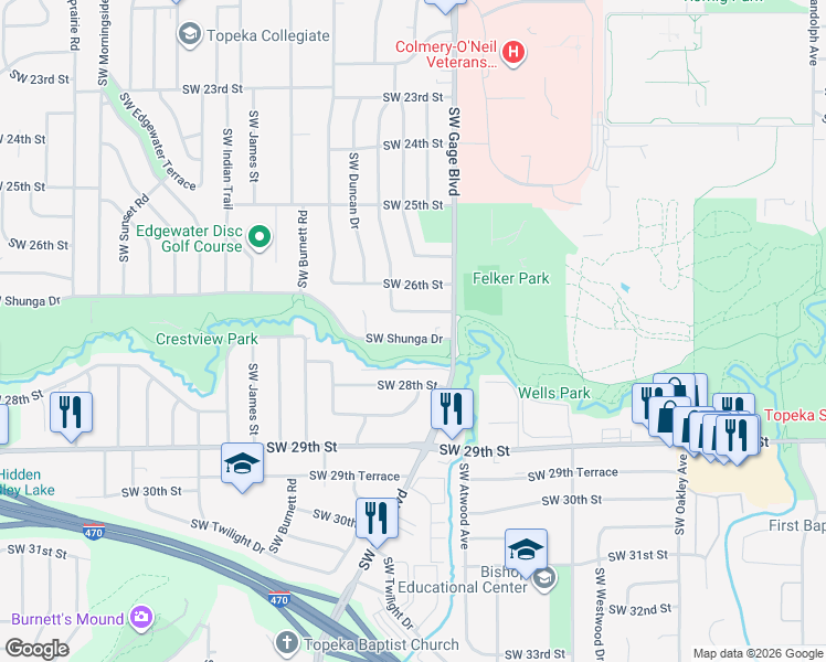 map of restaurants, bars, coffee shops, grocery stores, and more near 4006 Southwest Shunga Drive in Topeka