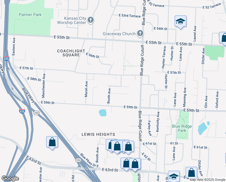 map of restaurants, bars, coffee shops, grocery stores, and more near 8625 East 58th Street in Kansas City