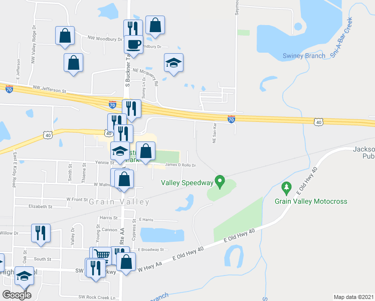 map of restaurants, bars, coffee shops, grocery stores, and more near 713 Squire Court in Grain Valley