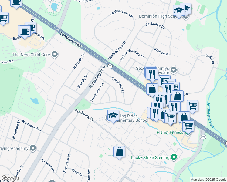 map of restaurants, bars, coffee shops, grocery stores, and more near 305 East Brunswick Street in Sterling