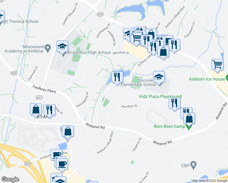 map of restaurants, bars, coffee shops, grocery stores, and more near Romans Drive in Ashburn
