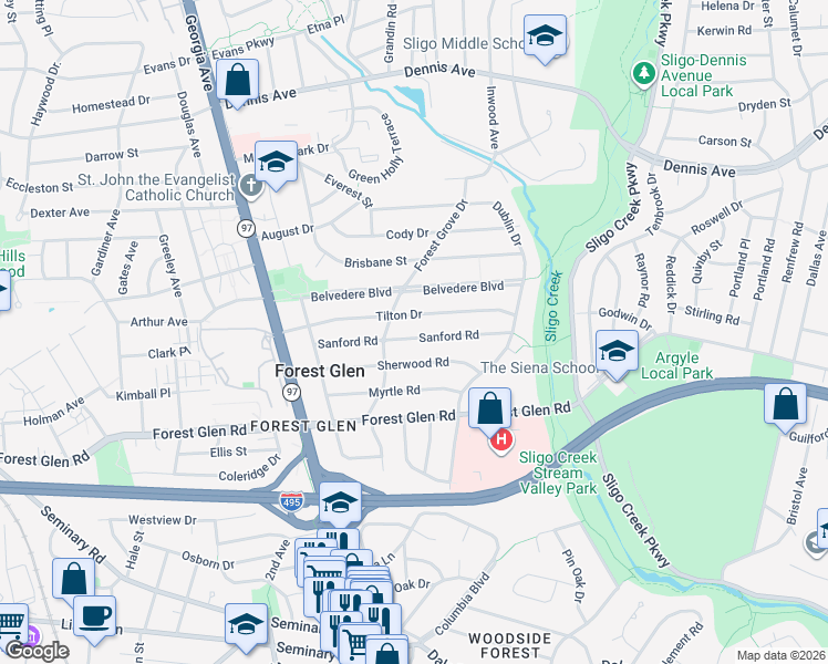 map of restaurants, bars, coffee shops, grocery stores, and more near 1707 Sanford Road in Silver Spring