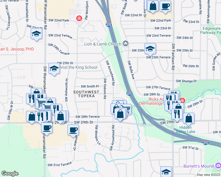 map of restaurants, bars, coffee shops, grocery stores, and more near 2671 Southwest Arrowhead Road in Topeka