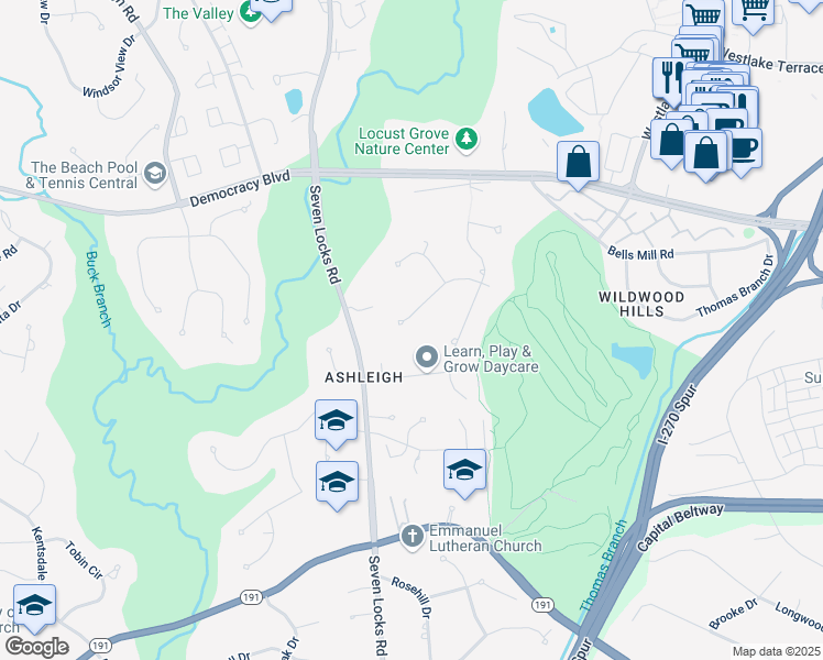 map of restaurants, bars, coffee shops, grocery stores, and more near 7718 Savannah Drive in Bethesda