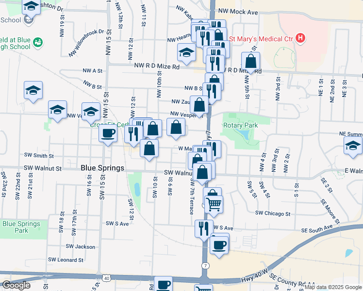 map of restaurants, bars, coffee shops, grocery stores, and more near 106 Southwest 9 Street in Blue Springs