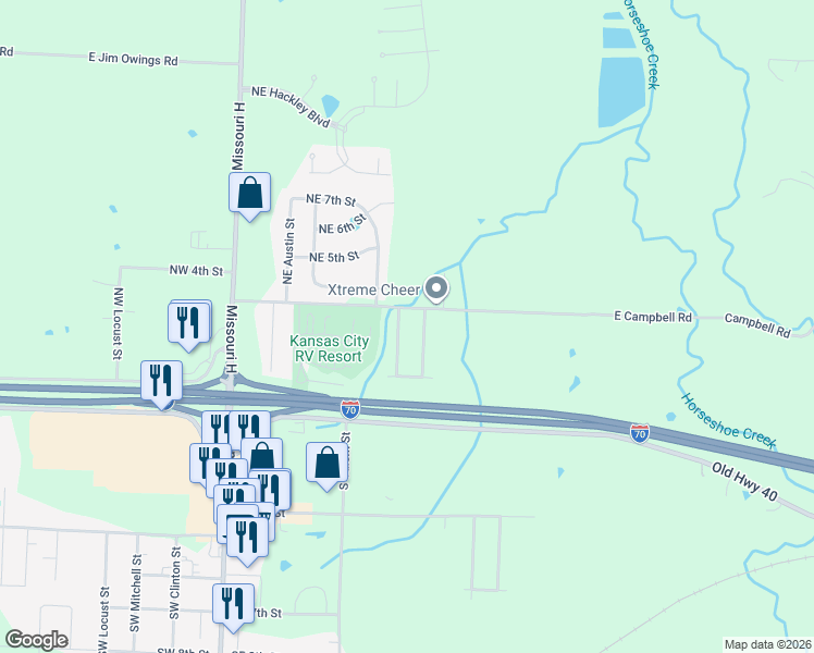 map of restaurants, bars, coffee shops, grocery stores, and more near 203 Northeast Dogwood in Oak Grove