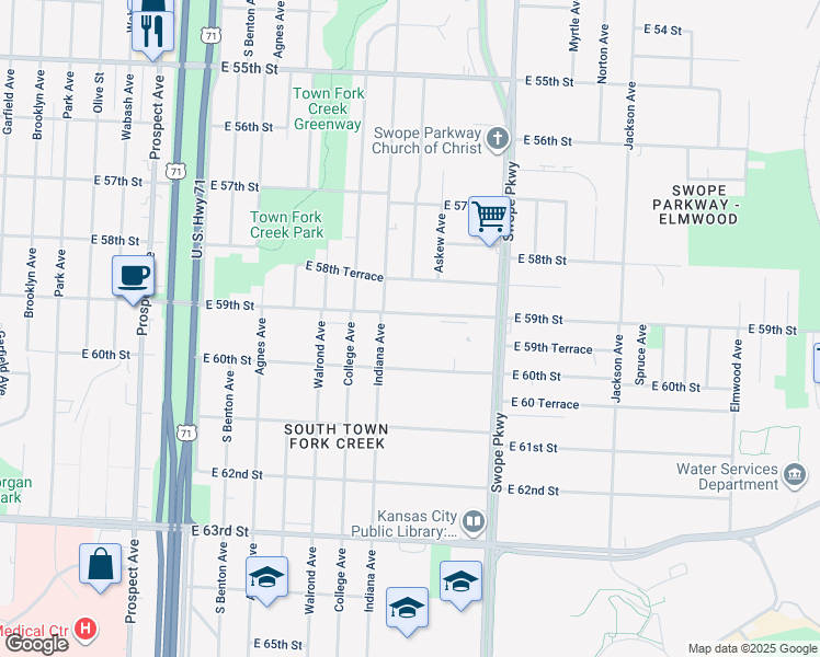 map of restaurants, bars, coffee shops, grocery stores, and more near 3427 East 59th Street in Kansas City
