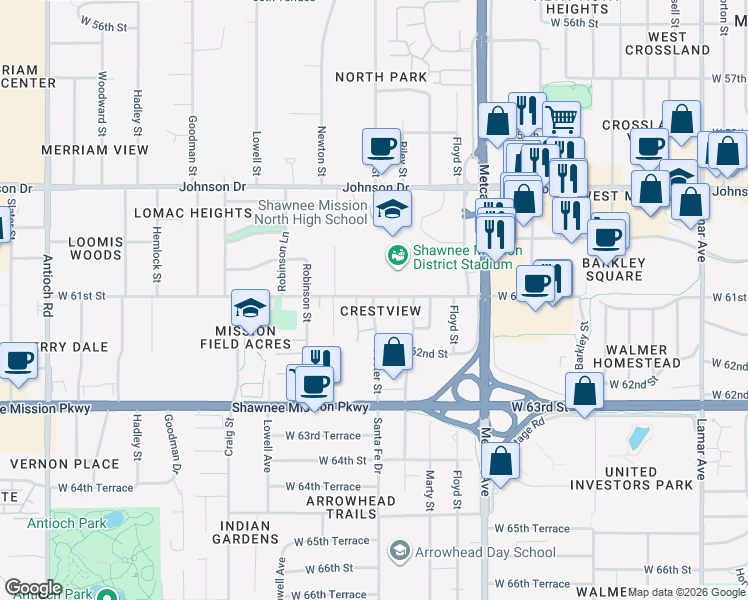 map of restaurants, bars, coffee shops, grocery stores, and more near 6109 Foster Street in Overland Park