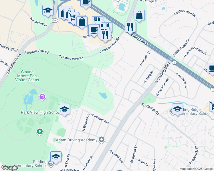 map of restaurants, bars, coffee shops, grocery stores, and more near 21914 Hawksbill High Circle in Sterling