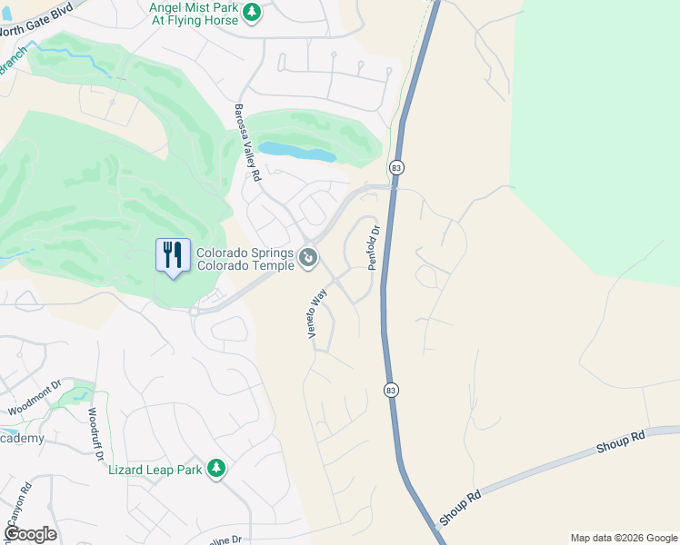 map of restaurants, bars, coffee shops, grocery stores, and more near 2425 Veneto Way in Colorado Springs