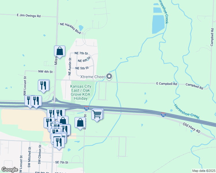 map of restaurants, bars, coffee shops, grocery stores, and more near 201A Northeast Sunshine Street in Oak Grove