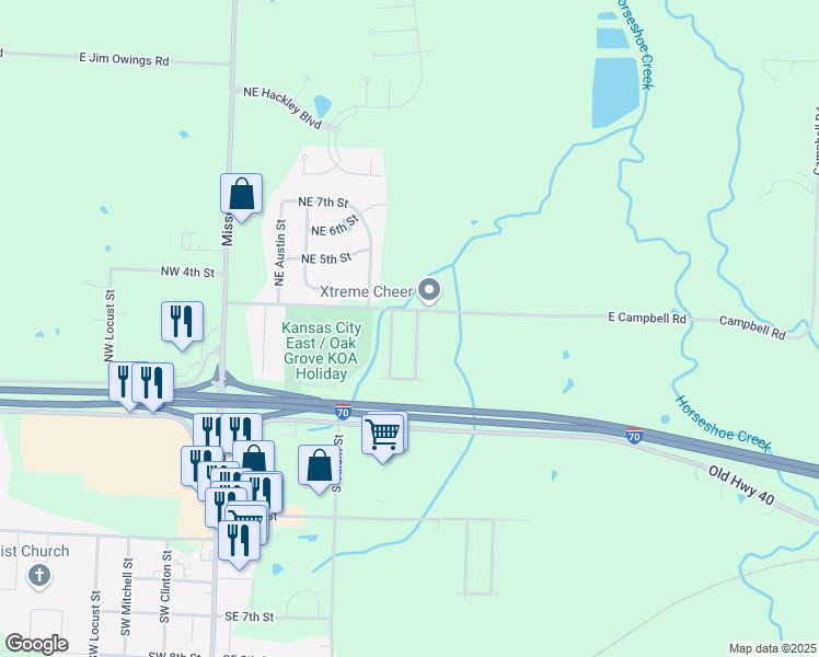 map of restaurants, bars, coffee shops, grocery stores, and more near 107A Northeast Dogwood in Oak Grove