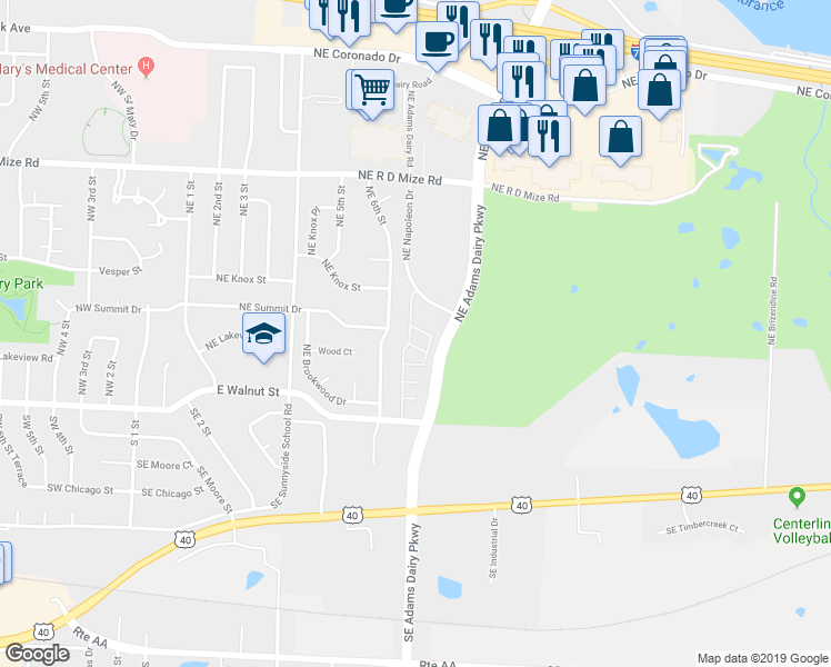 map of restaurants, bars, coffee shops, grocery stores, and more near 311 Northeast Adams Dairy Parkway in Blue Springs