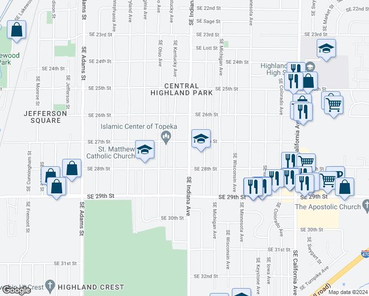 map of restaurants, bars, coffee shops, grocery stores, and more near 2721 Southeast Indiana Avenue in Topeka