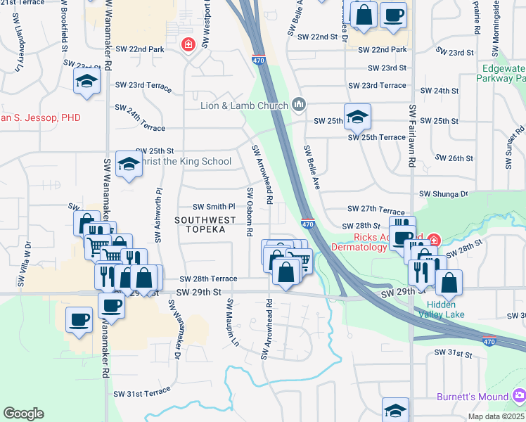 map of restaurants, bars, coffee shops, grocery stores, and more near 2671 Southwest Arrowhead Road in Topeka