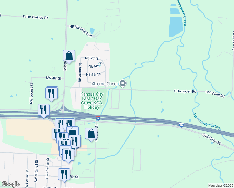 map of restaurants, bars, coffee shops, grocery stores, and more near 202 Northeast Sunshine Street in Oak Grove